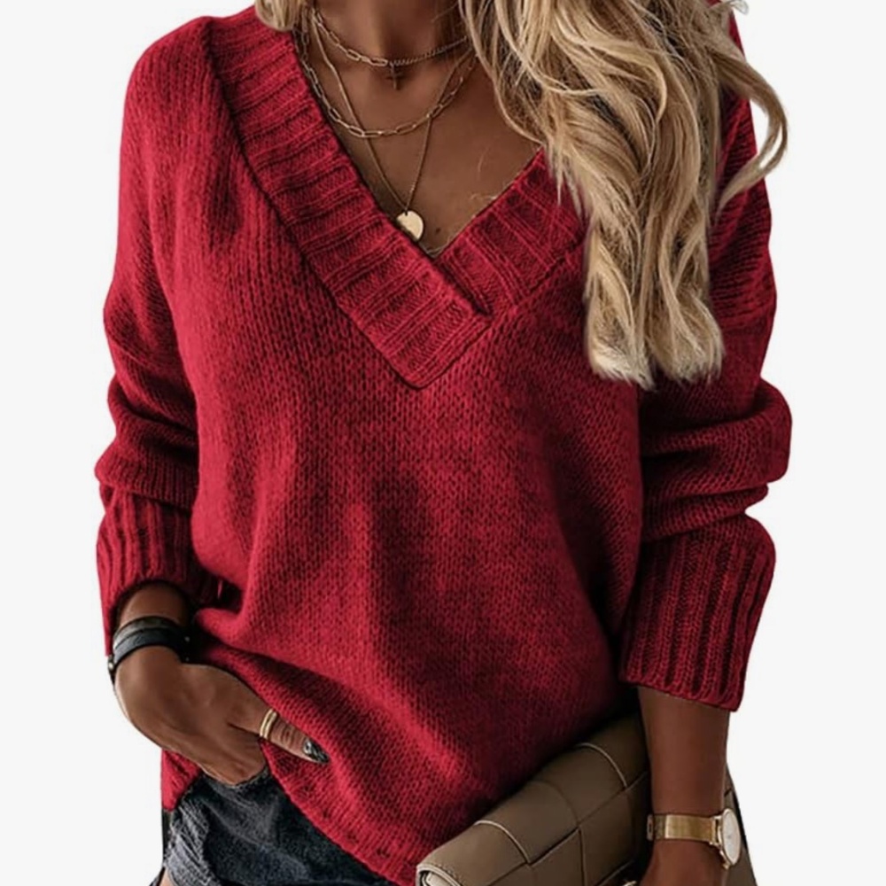 V-Neck loose l/s Sweater- deep red